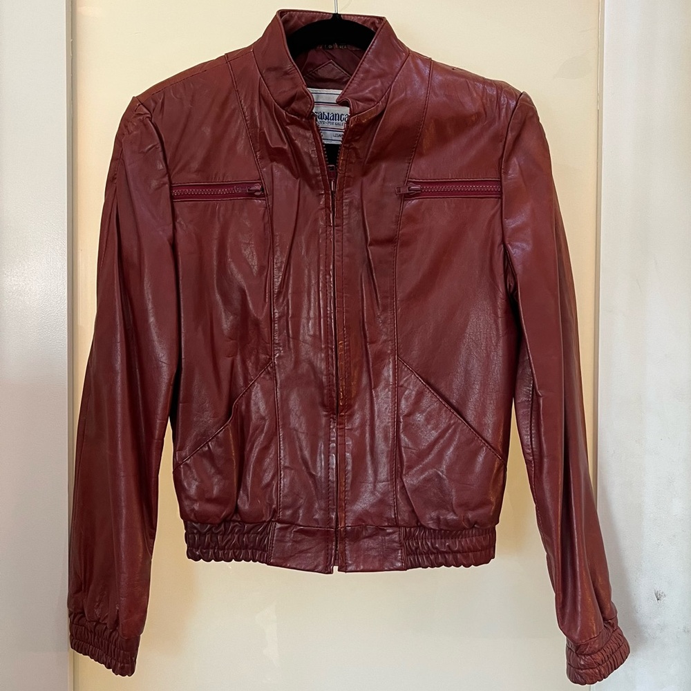 Vintage Burgundy Leather Bomber Jacket